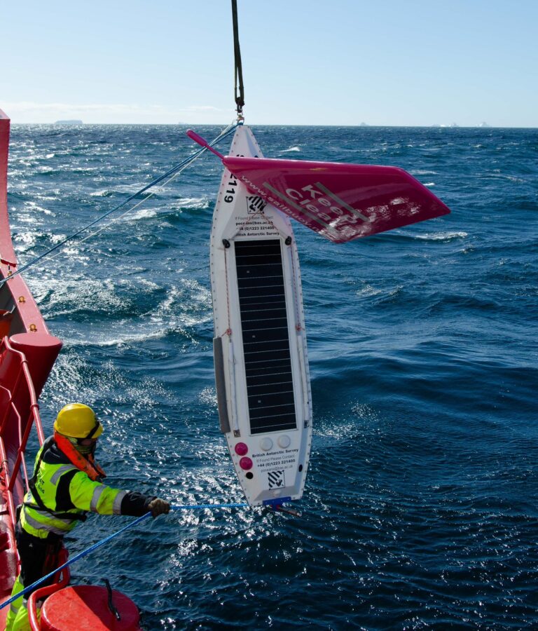 Launching of the BAS Sailbuoy uncrewed surface vehicle off South Georgia